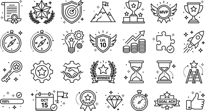 Business achievement and game gamification reward line icon set featuring trophy cup, winner badge, target, and growth chart.
