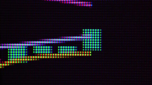 Extreme macro view of a digital candlestick chart displayed on an LCD monitor with visible RGB pixels. Financial markets, stock trading, investment analysis, and market volatility concept.
