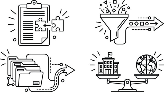 Business data processing and regulatory compliance line icons set with funnel document folders and scale