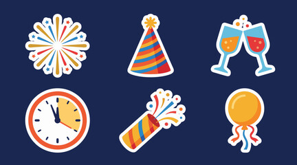Colorful vector illustration set featuring festive party icons including firework bursts hats champagne flutes clocks confetti poppers and floating balloons © Ibnu Gazali
