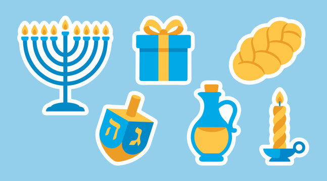 Colorful vector illustration featuring traditional Hanukkah items like a menorah gift box challah bread dreidel oil jug and candle set