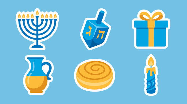 Vibrant hanukkah sticker set featuring a menorah dreidel gift jug donut and candle as a flat vector graphic design collection