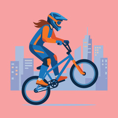 Obraz premium Female BMX Rider Doing Wheelie Stunt On Dirt Bike With Helmet And Protective Gear