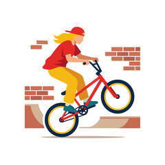 Obraz premium Female BMX Rider Doing Wheelie Stunt On Dirt Bike With Helmet And Protective Gear