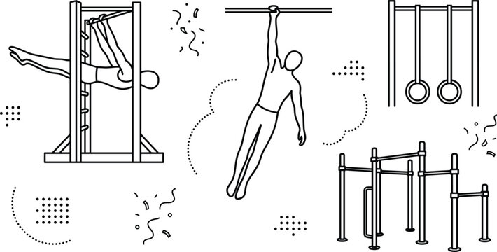 Calisthenics workout and street workout line icon set featuring pull up bars, rings, and gymnast.