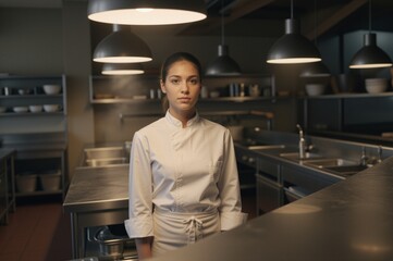 Fototapeta premium A professional chef stands in a commercial kitchen with stainless steel surfaces and industrial pendant lights.