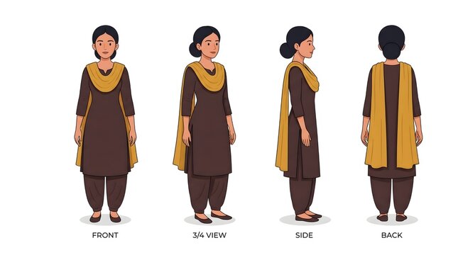Indian Woman Character Turnaround in Salwar Kameez Vector