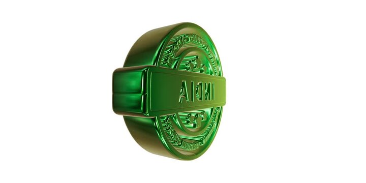 Shiny green metal round badge with the word india and stars embossed on a circular seal design element