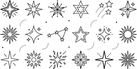 Celestial astronomy and retro star burst doodle icon set featuring geometric sparkles, sunburst shapes, shooting stars, and constellation. © MstBabli