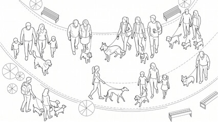 Obraz premium Top View Architectural CAD Pet Owners Walking Dogs, Families Seniors and Professionals Technical Line Drawing Vector Collection