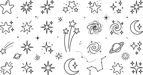 Celestial outer space and galaxy star sparkle line icon set featuring planets, constellations, moons, and decorative fireworks. © MstBabli