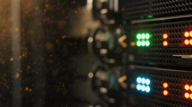Slow Motion Dust Particles Illuminated by Server Status LEDs Macro Abstract