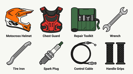 Naklejka premium Enduro motorcycle gear and tools for racing and repair on a bike