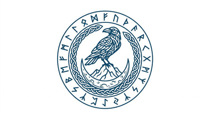 Norse Raven Symbol with Moon and Runes. © Wazakos