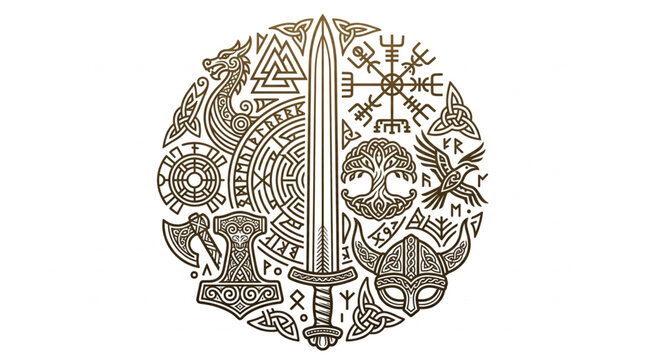 Norse Mythology Symbols and Viking Warrior Sword Illustration.