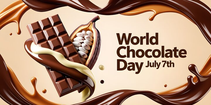 Glossy Dark Chocolate Bar with Cocoa Beans and Melted Drizzle on World Chocolate Day Background