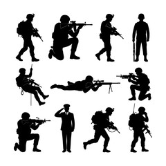 Fototapeta premium Military Soldier Silhouettes in Various Combat Poses With Rifles and Tactical Gear Set