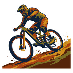 Obraz premium Mountain Biking Cyclist Racing Downhill On Rocky Trail With Helmet And Full Suspension Bike