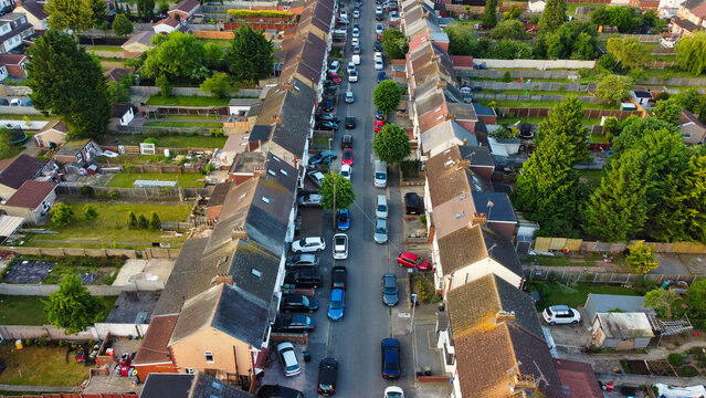 Aerial View of Luton City Streets and Homes During Sunset of England UK. June 14th, 2022. Drone Camera Footage