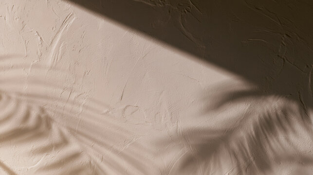 Minimalist Japandi Taupe Textured Wall Background with Moody Palm Leaf Shadow and Diagonal Light