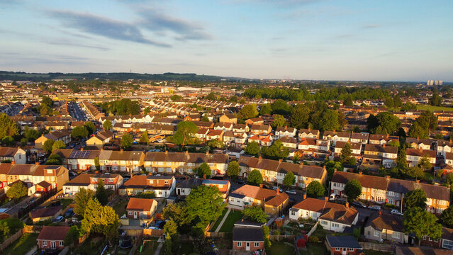 Aerial View of Luton City Streets and Homes During Sunset of England UK. June 14th, 2022. Drone Camera Footage