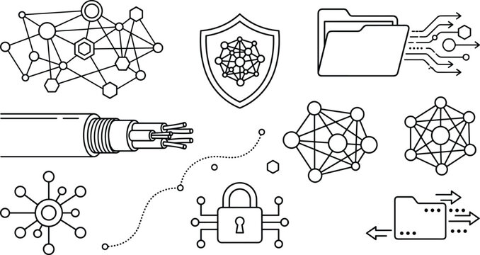Data network security and fiber optic cable communication line art icons vector illustration set