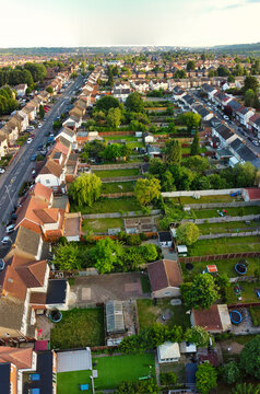 Aerial View of Luton City Streets and Homes During Sunset of England UK. June 14th, 2022. Drone Camera Footage