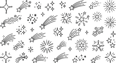 Doodle shooting stars and magic sparkles line icons set with comets fireworks bursts and stardust © MstBabli