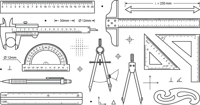 Drafting engineering tools and geometric measuring geometry instruments line art icons vector illustration set