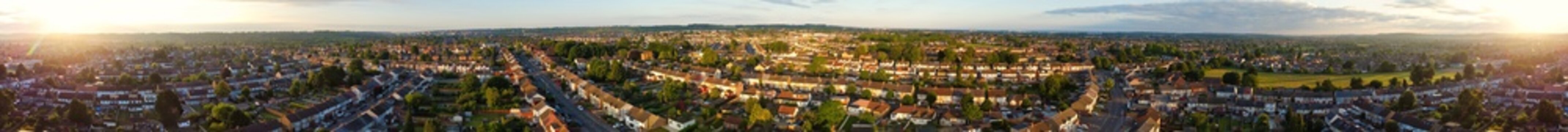 Aerial View of Luton City Streets and Homes During Sunset of England UK. June 14th, 2022. Drone Camera Footage