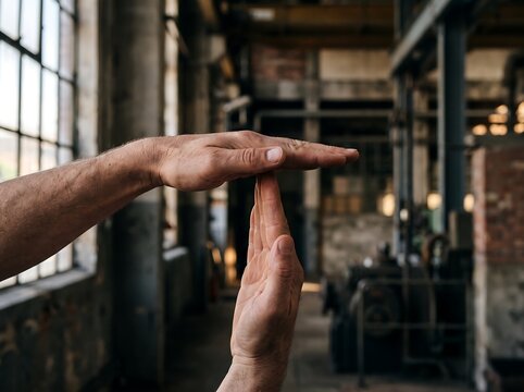 Two hands forming a T gesture in a rustic industrial warehouse with brick walls and large windows, conveying stop or timeout