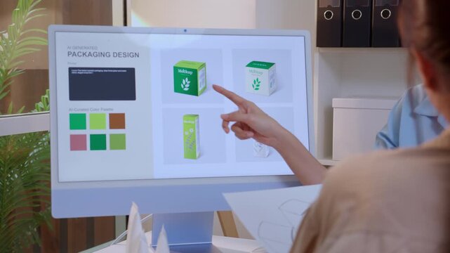 Closeup hand two businesswoman pointing at computer packaging design with ai technology in office, meeting for planning, teamwork of business woman planning creative idea with ai software.