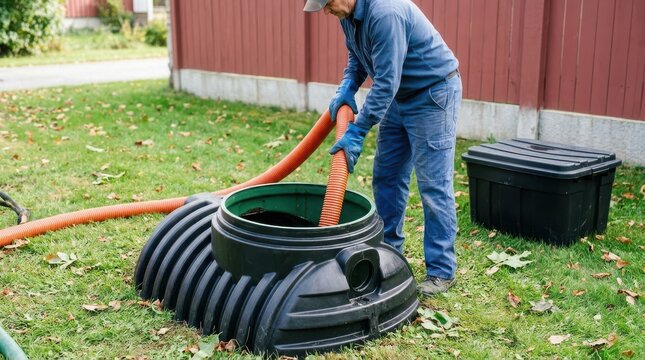 Professional septic tank cleaning service in a residential backyard