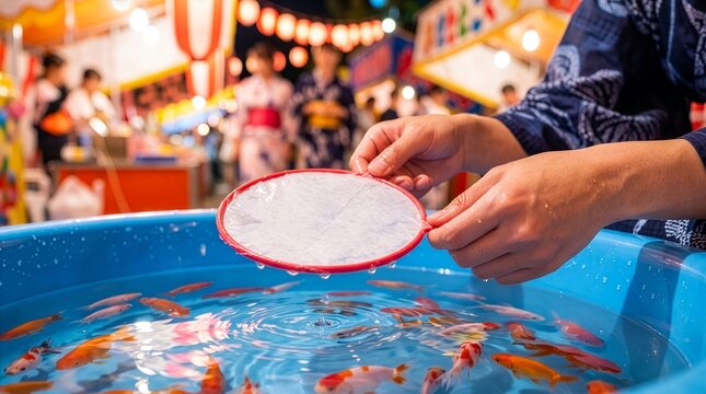 夏祭りでお馴染みの金魚すくいを楽しむ浴衣姿の人の手元クローズアップ Close-up of Hands Scooping Goldfish at Traditional Japanese Summer Festival