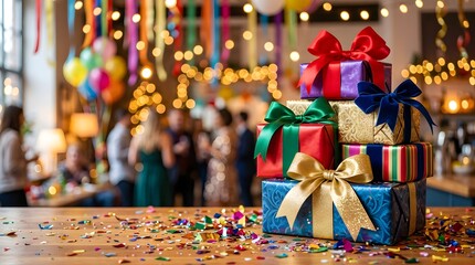 Obraz premium Stack of colorful gift boxes with ribbons on a festive party background