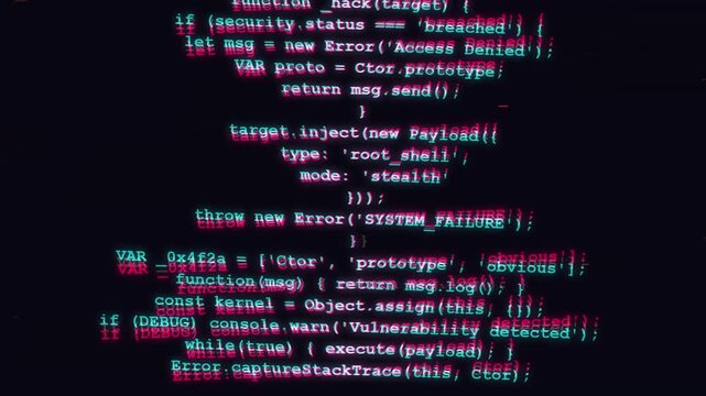 Glitching digital code on dark screen, data corruption, cyber attack simulation, system error visualization