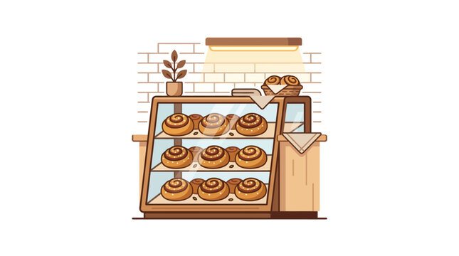 A bakery display case filled with freshly baked cinnamon rolls.