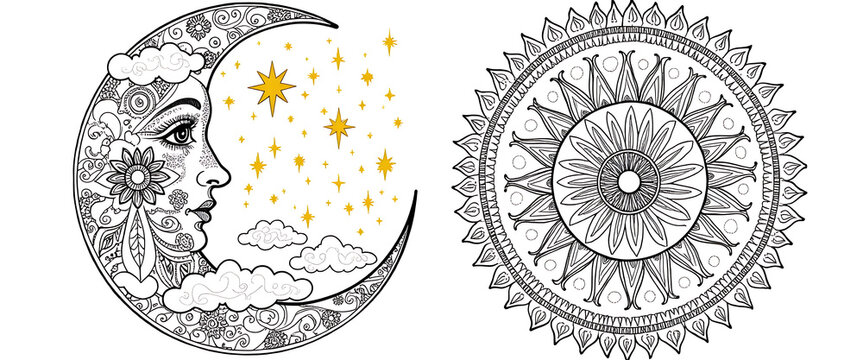 Celestial moon face with stars and clouds and ornamental sun mandala.