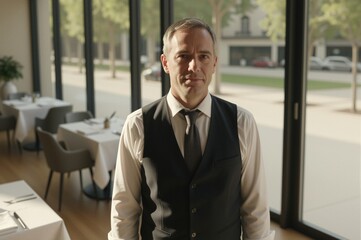 Fototapeta premium A man in a formal outfit stands proudly in front of a minimalist restaurant interior, surrounded by elegant glass windows and warm wooden accents.