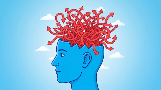Blue silhouette of a man's head with chaotic red arrows emerging from it representing confusion and disorganized thoughts against a serene sky with clouds