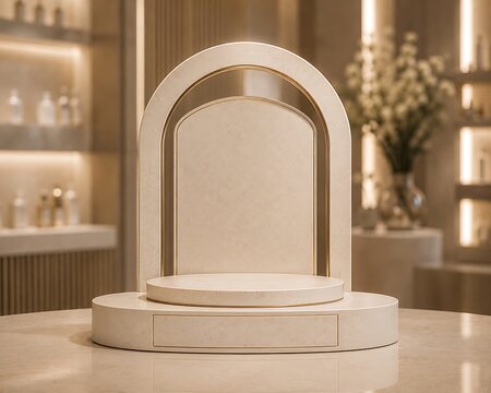 A beige marble product display stand with an arched back and a circular platform on a marble table in a blurred retail store environment