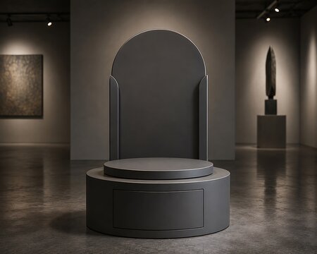A dark gray circular pedestal display stand with an arched back panel, situated in the center of an gallery with concrete floors and sculptures