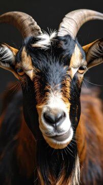 Close-up Portrait of a Domestic Goat with Impressive Horns.