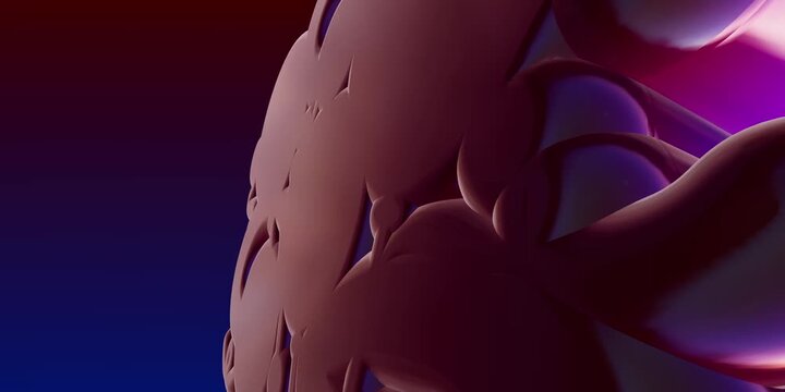 Abstract red and purple liquid 3d shape with smooth glossy surface and soft lighting in dark space
