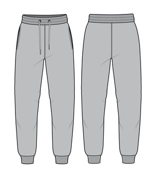 Sweatpants front and back view flat drawing vector mockup template.