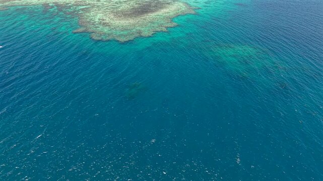 Aerial drone video revealing a pristine tropical Fijian island with turquoise waters, coral reefs, white sand beaches, lush palm trees, and a luxury beachfront resort