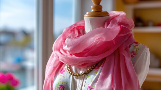 Elegant pink scarf draped on mannequin with floral blouse in bright interior setting by window
