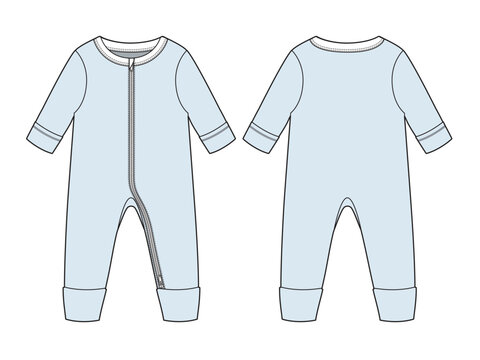 Newborn baby onesie front and back view vector mockup template technical drawing.