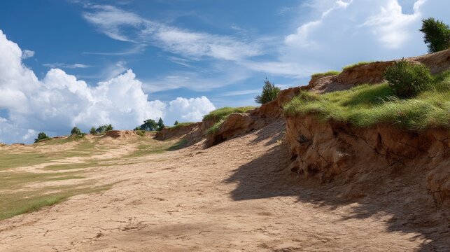 Expansive Arid Landscape with Grass Tufts and Dramatic Cloud Formation Under Bright Blue Sky