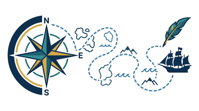 Vintage nautical map illustration featuring a compass rose and a sailing ship.